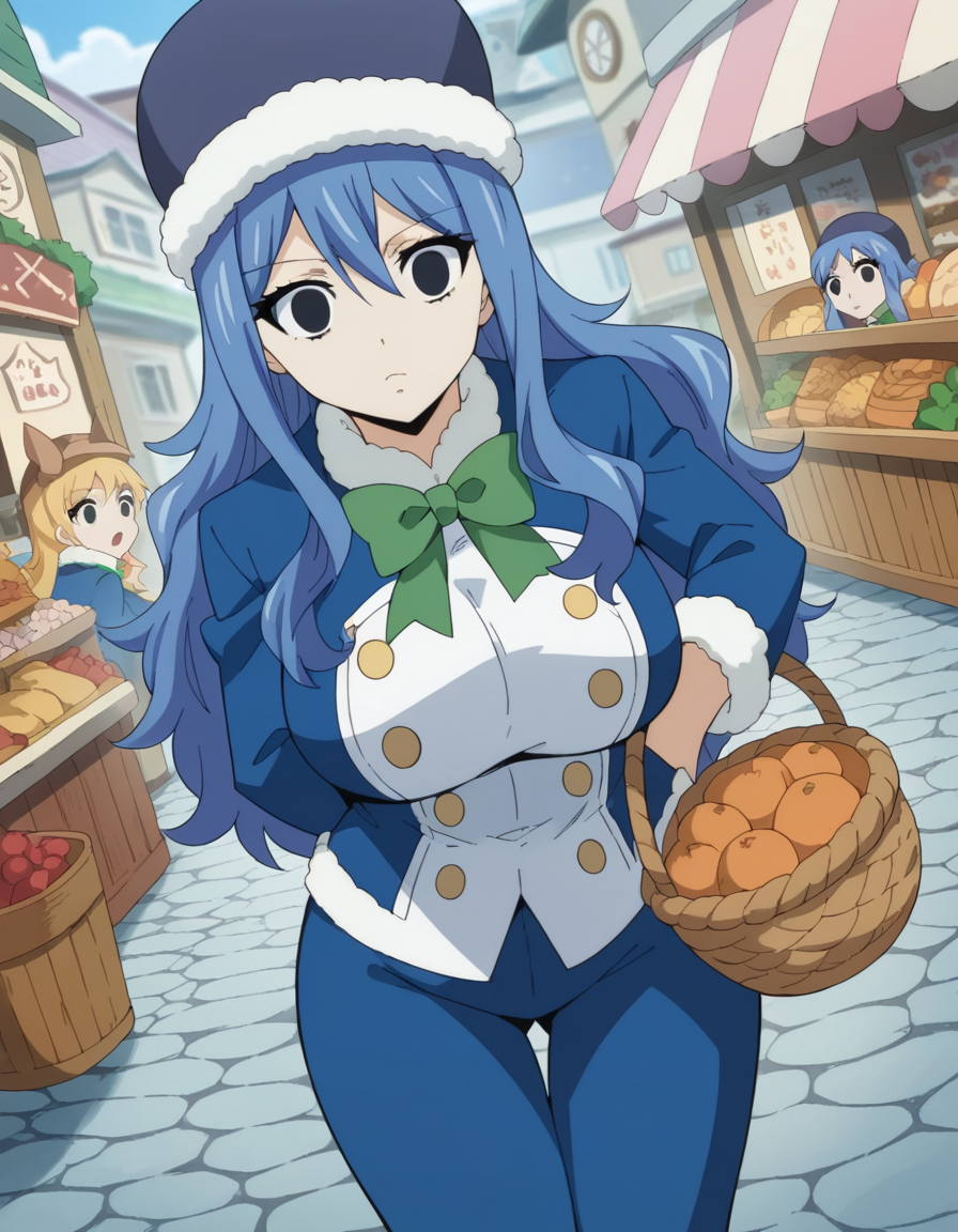 score_9, score_8_up, score_7_up, source_anime, <lora:juvia-lockser-100yq-ponyxl-lora-nochekaiser:1>, juvia lockser, long hair, large breasts, hair between eyes, blue hair, black eyes, empty eyes,, hat, bow, bowtie, coat, fur trim, green bow, blue coat, fur hat, green bowtie, farmers market, fresh produce, local vendors, baskets, sunny day, community, , looking at viewer, hands behind back, bent over,, solo,, dutch angle,