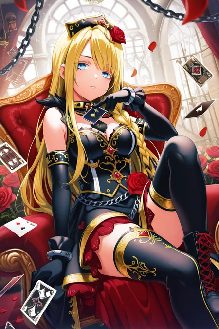 masterpiece, best quality, amazing quality,
 <lora:Neo_IL:1> neo, 1girl, card, playing card, solo, flower, blonde hair, gloves, braid, long hair, rose, looking at viewer, elbow gloves, sitting, petals, breasts, thighhighs, boots, holding, dress, red flower, bangs, black gloves, chain, spade (shape), blue eyes