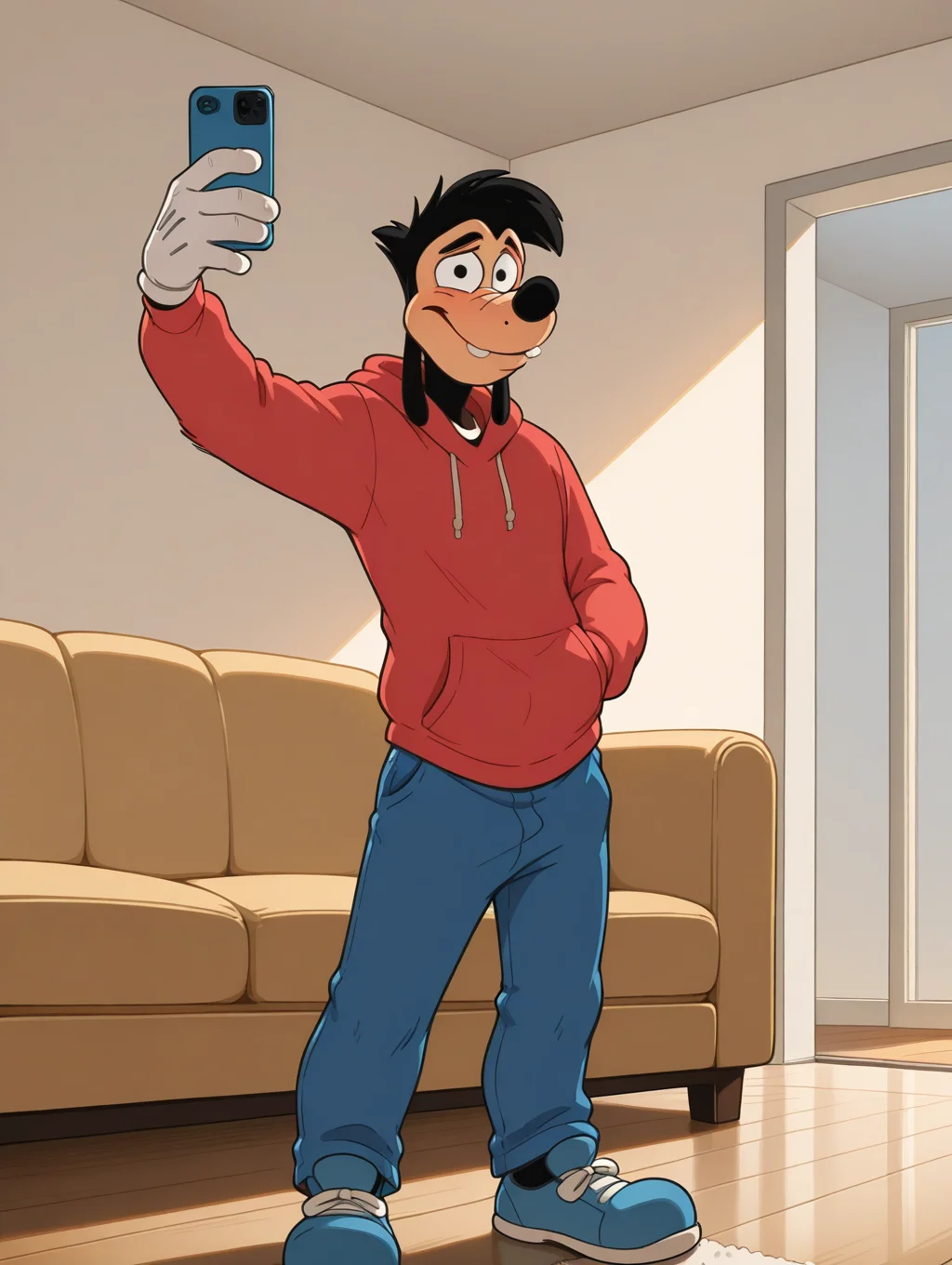 <lora:Max-Goof-Illustrious:1>,max-goof, solo, 1boy, male focus, black eyes, white gloves, full body, furry male,,high quality, detailed, furry, male, solo male, broad shoulders, mature male, athletic build, stubble, anthro, anthro male, bottom heavy, grinning, looking at viewer, hands in front pocket, red hoodie, blue jeans, bust shot, half-body shot, living room, high quality , blue shoes,afterglow, taking a selfie,