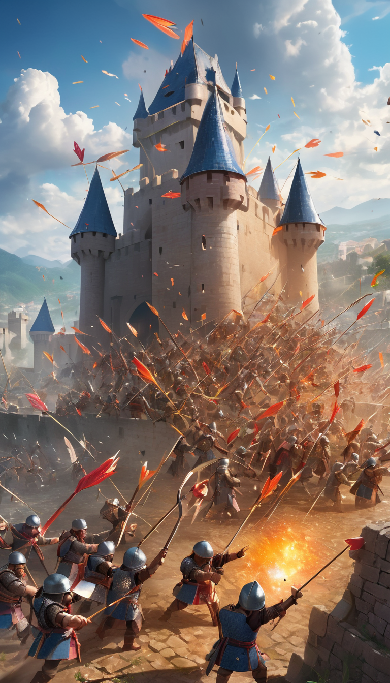 Cinematic scene, an army attacking and sieging a fortress, fierce battle, catapults, raining arrows, castle, vivid, colorful, detailed background, masterpiece, best quality, high quality, highres, absurdres, photo realistic, chibi <lora:nendoroid_xl_v4:1>