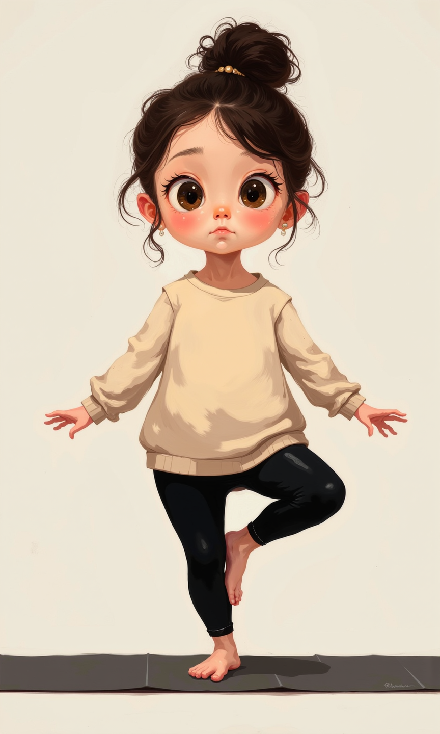 Full shot of a cartoon girl in a yoga pose. 
The girl is depicted in a style that exaggerates facial features and body proportions, giving her a chubby and endearing appearance.  She has a bun of dark brown hair. Her face shows large, round eyes, a broad forehead, and a small nose. Her expression appears somewhat serious, with slightly furrowed brows. 
She is wearing a light beige or cream-colored long-sleeved top and black leggings. 
She is balancing on one leg, with the other leg lifted and extended to the side in a yoga-like pose.  Her arms are extended in a relaxed, elegant way, helping her balance.  
 The background is a plain light gray, which makes the figure stand out.  A dark gray yoga mat is visible underneath her. The style is very cartoonish, with softly colored skin and a rounded, appealing figure.  A small, light-colored pearl earring is visible on her ear.
 <lora:FLUX-daubrez-DB4RZ-v2:1> DB4RZ, DB4RZ style painting