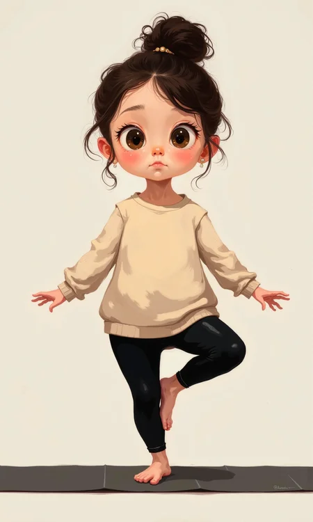 Full shot of a cartoon girl in a yoga pose.
The girl is depicted in a style that exaggerates facial features and body proportions, giving her a chubby and endearing appearance. She has a bun of dark brown hair. Her face shows large, round eyes, a broad forehead, and a small nose. Her expression appears somewhat serious, with slightly furrowed brows.
She is wearing a light beige or cream-colored long-sleeved top and black leggings.
She is balancing on one leg, with the other leg lifted and extended to the side in a yoga-like pose. Her arms are extended in a relaxed, elegant way, helping her balance.
The background is a plain light gray, which makes the figure stand out. A dark gray yoga mat is visible underneath her. The style is very cartoonish, with softly colored skin and a rounded, appealing figure. A small, light-colored pearl earring is visible on her ear.
<lora:FLUX-daubrez-DB4RZ-v2:1> DB4RZ, DB4RZ style painting