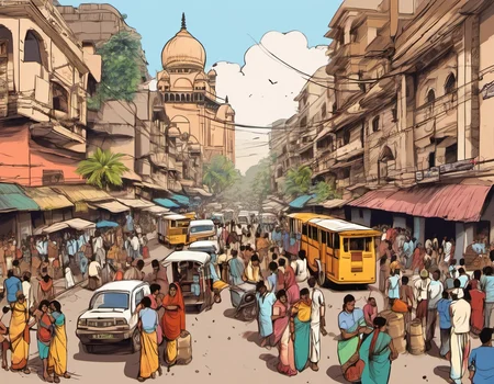 a busy street in bombay, india, in the art style of (jsmn style:1.1) <lora:jsmnStyle:1>