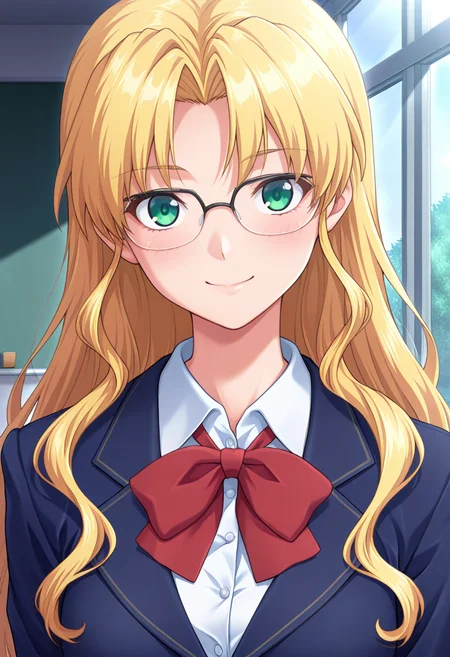 masterpiece, best quality, amazing quality, 1girl, solo, (portrait:1.2), kyoukaww, green eyes, blonde hair, long hair, very long hair, wavy hair, parted bangs, glasses, medium breasts, school uniform, red bowtie, blazer, dark blue jacket, white collared shirt, looking at viewer, smile, indoors, day, skindentation, detailed clothing folds, depth of field, sharp, high contrast, dynamic light <lora:Ayamine_Kyouka_Yoridori_ill:0.8>