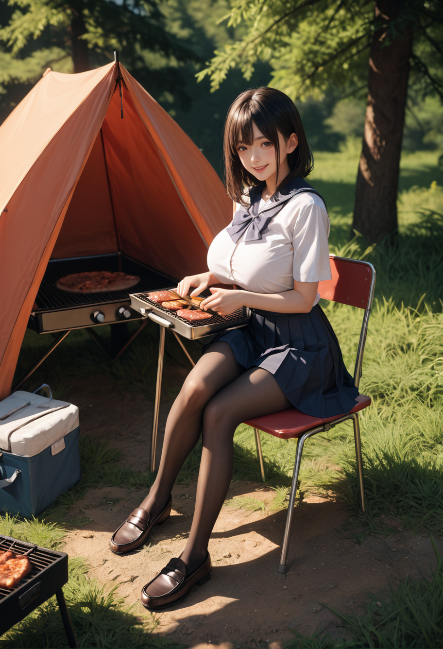,ruanyi1256,outdoors,tent,grill,
school uniform,pleated skirt,black pantyhose,loafers,chair,sitting,<lora:1256 camping_v1_pony:0.8>, score_9, score_8_up, score_7_up, score_6_up, score_9, score_8_up, score_7_up, score_6_up source_anime, blush, 1girl, seduce smile, perfect body , natural huge breasts
