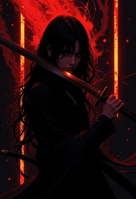 A close-up digital artwork in anime style featuring a lone female ninja with long, flowing hair that cascades around her like dark, stormy waves. She stands in a fierce combat stance, holding her katana horizontally in front of her face. The blade gleams with a faint, 80s-inspired red glow, its sharp edge catching the dim, worn-out light around her. Her intense eyes, framed by the deep black of her hair and armor, lock onto her unseen opponent with an unwavering, piercing gaze. The katana reflects the surrounding glow, creating angular highlights, while the rest of the image is consumed by shadowy blackness.
Behind her, abstract, geometric lines run vertically, like cosmic energy pulsing through a swirling, textured background of deep reds, oranges, and blacks—evoking the vastness of space. The cosmic aura surrounds her, as if she’s standing on the edge of another dimension, poised for a battle that transcends time and space. The swirling nebula dust and rough textures add depth and mystery, blending minimalism with an otherworldly aesthetic. Her flowing hair, combined with the ethereal glow of her katana, captures the tension and power of the moment, making her presence both commanding and cool in this dark, atmospheric scene.