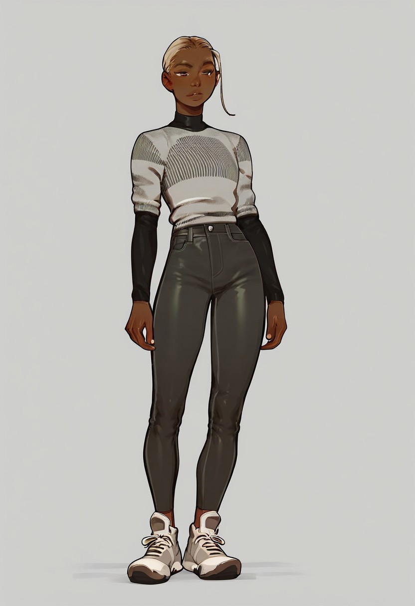 score_9, score_8_up,score_7_up, score_6_up, score_5_up, score_4_up, 
1girl, fem_model_pose, simple grey background, dark skin, blonde hair, (((full body))),
