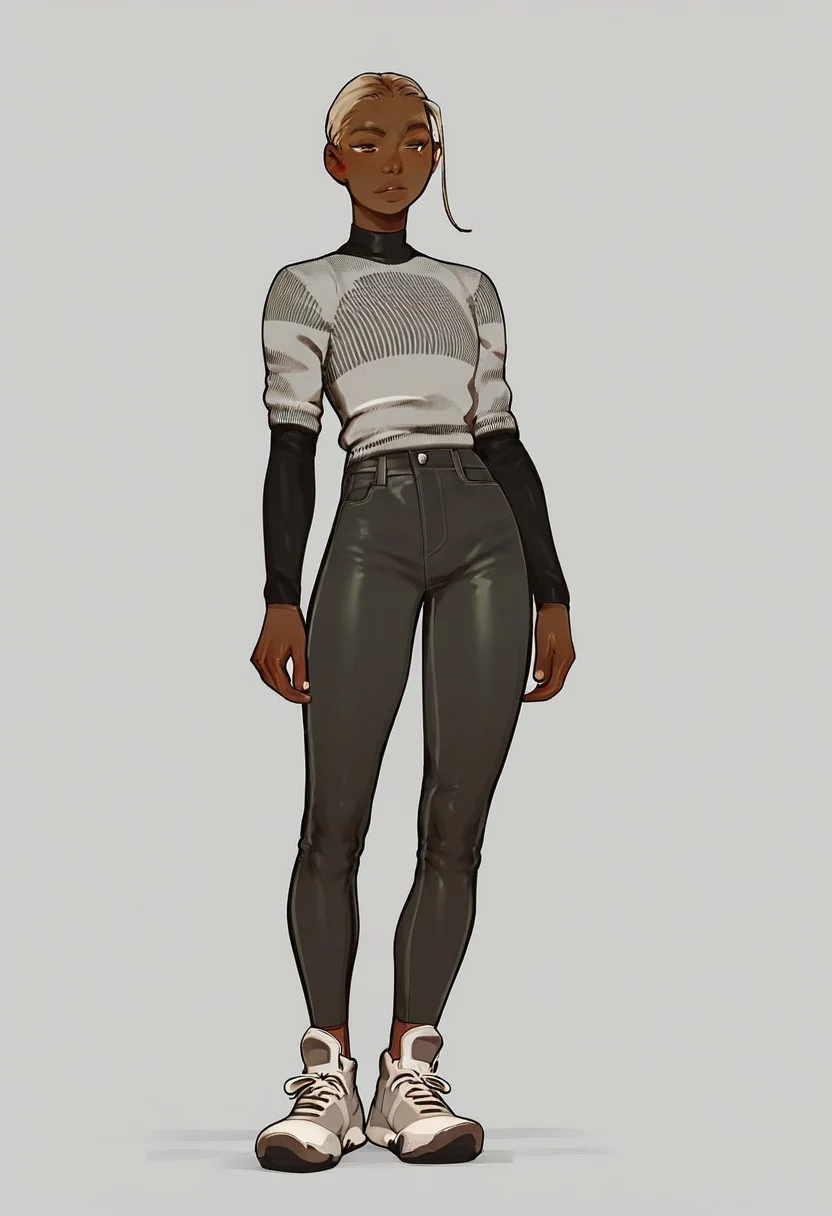 score_9, score_8_up,score_7_up, score_6_up, score_5_up, score_4_up,
1girl, fem_model_pose, simple grey background, dark skin, blonde hair, (((full body))),