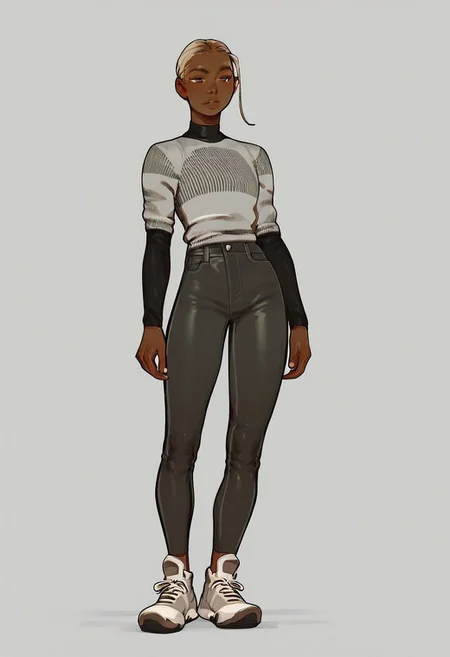 score_9, score_8_up,score_7_up, score_6_up, score_5_up, score_4_up,
1girl, fem_model_pose, simple grey background, dark skin, blonde hair, (((full body))),