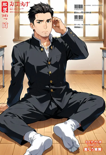 safe_pos, (Aaaild, Aaadjd, manga cover, magazine cover, text) source_anime, safe_pos, perfect anatomy, perfect proportions, best quality, masterpiece, high_resolution, high quality, solo focus, male focus, male only, bara, gay, homo, mature, masculine, manly, virile, macho, hunky, rugged, beefy, handsome, alluring, seductive, heroic, serious, grim, stern, unsociability, bluntness, gruffness, naughty face, moaning, dazed, looking away, focusing gaze, BREAK (asian man, dark eyes, black hair, sideburns, facial hair, thin stubble), BREAK (gakuran, black gakuran, black pants, white socks), BREAK sitting on floor, lying on back, relaxed pose, leaning slightly, one knee bent upward, legs spread, hand supporting head, contemplative expression, horny, kinky, domination, heavy breathing, enticed, excessively sweaty shiny skin, shading, countershading, indoors, classroom, wooden floor