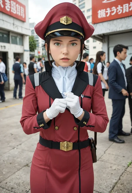 <lora:Hyper-SDXL-8steps-lora:1> <lora:Fixhands_anime_bdsqlsz_V1:1> zPDXL2, score_9, score_8_up, score_7_up, source_anime, intricate details, perfect anatomy BREAK
outdoors, city, tokyo, japan, audience, crowd, clenched hands fighting stance, standing, Neutral, A relaxed facial expression with a slightly open mouth., 1girl, solo, solo focus, 
<lora:GAGE-AG140millais_alloy_XL(pony)v10:1> (wrinkled skin, aged up:1.2), GAGE-AG140millais, brown hair, short hair, green eyes, red peaked cap, GAGE-AG140millais outfit, red dress, white ascot, white gloves, belt, red pencil skirt, red pants, white boots,