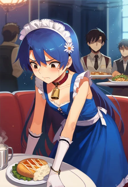 cad, score_9, score_8_up, score_7_up, source_anime,
1girl, blue stage, lace curtain, (smoke:1.2),  stage lights, 
 <lora:KisaragiChihaya_pony_v1:0.8>
ksrgchy, very long hair, blue hair, bangs,  brown eyes, flat chest,  luxury dress, blue dress, lace trim, sleeveless, elbow glove, hair ornament, hair flower,
lipstick,  jewelry,  earrings, necklace, bracelet,
inside, restaurant, barmaid outfit, carrying plate with food,
collar with cowbell, maid headdress, carrying plates, indignant, crying, defeated, embarrassed, blushing, bent over,
