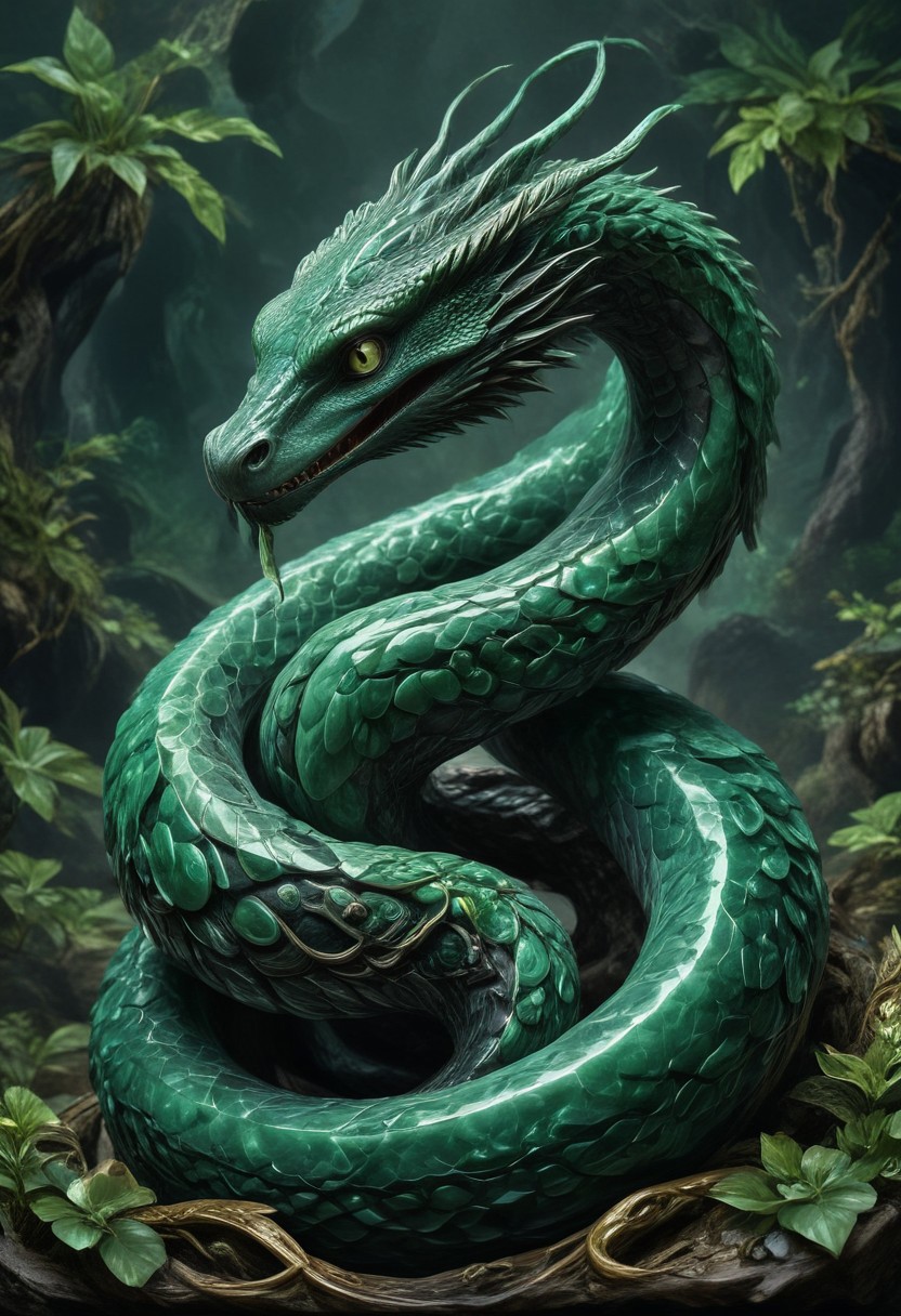 made from jade and obsidian, jade, obsidian,score_9, score_8_up, score_7_up, expensive looking,harry potter, chamber of secrets, basilisk, giant snake