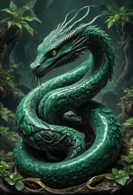 made from jade and obsidian, jade, obsidian,score_9, score_8_up, score_7_up, expensive looking,harry potter, chamber of secrets, basilisk, giant snake