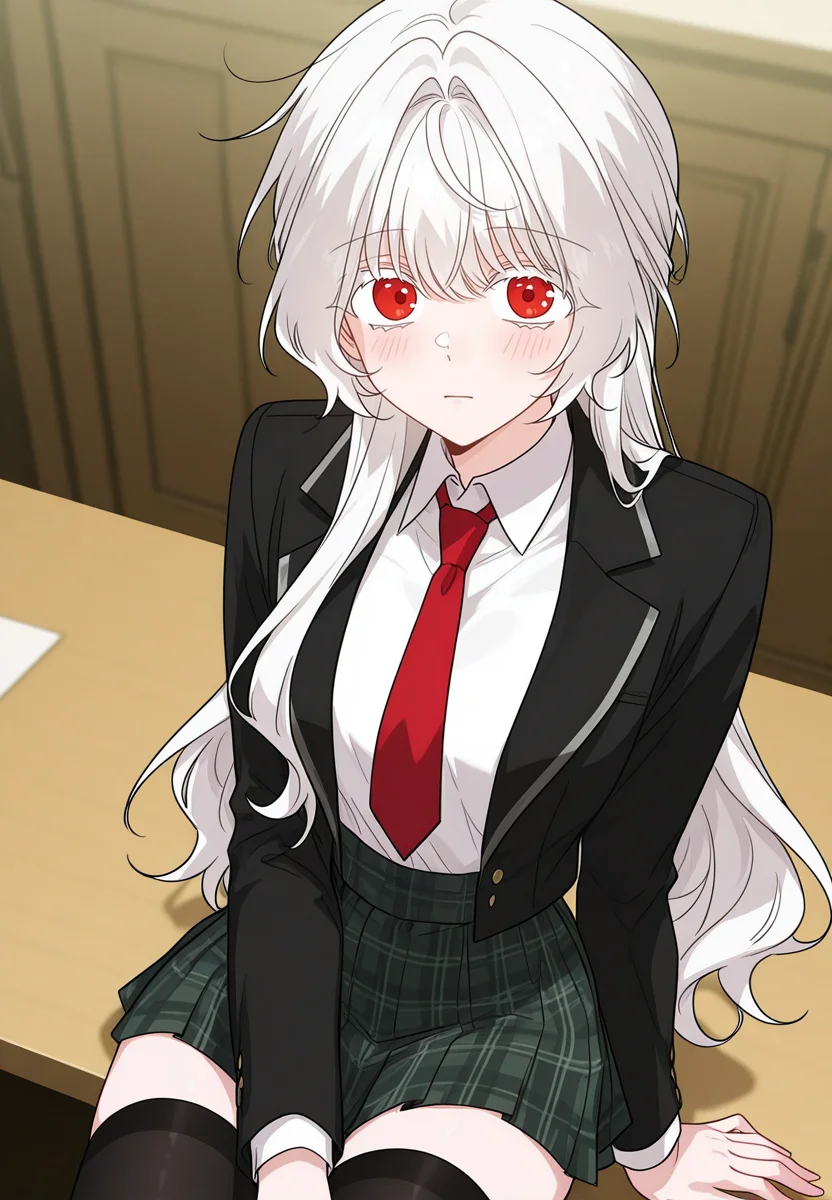 gorgeous girl, kawaii girl, cute face, masterpiece, best quality, very awa, absurdres, ultra-detailed-eyes, detailed background, ambient occlusion, raytracing, soft lighting, absolutely eye-catching, intricate cinematic background, (beautiful face), Masterpiece,(perfect female body),(detailed hair), detailed background, small waist, detailed skin, (4k),(incredibly detailed:1.4), perfect anatomy, slim, neatly drawn nose, beautiful fingers, small waist, (super model body), (breasts), looking at viewer, blush, black thighhighs, black jacket, collared shirt, red necktie, shirt, open jacket, plaid skirt, sitting, desk,
<lora:Eisel_-_The_Male_Lead_Is_In_Charge_Of_The_Successor-Kaleid_Illustrious:1> /eisel/, 1girl, long hair, red eyes, bangs, white hair, white eyelashes,