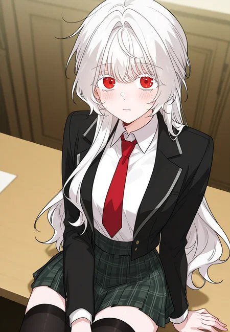 gorgeous girl, kawaii girl, cute face, masterpiece, best quality, very awa, absurdres, ultra-detailed-eyes, detailed background, ambient occlusion, raytracing, soft lighting, absolutely eye-catching, intricate cinematic background, (beautiful face), Masterpiece,(perfect female body),(detailed hair), detailed background, small waist, detailed skin, (4k),(incredibly detailed:1.4), perfect anatomy, slim, neatly drawn nose, beautiful fingers, small waist, (super model body), (breasts), looking at viewer, blush, black thighhighs, black jacket, collared shirt, red necktie, shirt, open jacket, plaid skirt, sitting, desk, 
<lora:Eisel_-_The_Male_Lead_Is_In_Charge_Of_The_Successor-Kaleid_Illustrious:1> /eisel/, 1girl, long hair, red eyes, bangs, white hair, white eyelashes,