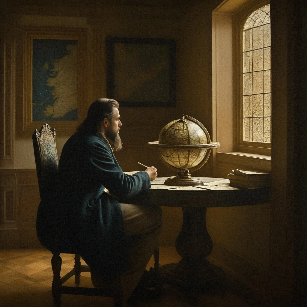 ethereal fantasy concept art of a man sitting at a table looking at a globe <lora:JohannesVermeerXL_v1:1>, magnificent, celestial, ethereal, painterly, epic, majestic, magical, fantasy art, cover art, dreamy