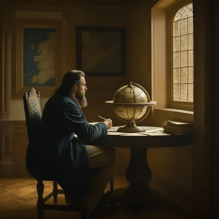 ethereal fantasy concept art of a man sitting at a table looking at a globe <lora:JohannesVermeerXL_v1:1>, magnificent, celestial, ethereal, painterly, epic, majestic, magical, fantasy art, cover art, dreamy