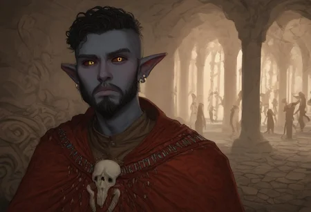 solo, short pointy ears, piercings, random elf face, aquiline features, male dark elf, masculine, long beard, weathered skin, large nose, athletic build, animated realism, zoomed out, Syrian features, torso, brass pipes and gears, intricate architecture, dwarven masonry, dwemer fixtures, white-green light, gloomy lighting, ancient ruins, interior, stone tiled floor, grey-blue skin, mahogany and ivory clothes, medium armor, bone plate armor, ivory straps and fittings, grey wood neckguard, dark red sclera, black pupils, distant mushroom forest, blue-green light, neon, highly detailed, defined features, looking at viewer, three quarters view, from front, dynamic lighting, 56 years old, light and shadows, patterned cloth, annoyed expression, expressive eyes, detailed medieval clothes, short hair, wavy hair, thick hair, beaded hair, braided hair, under cut hair, semirealistic, alien elf, spanish features, jewish features, black hair, dark red hair, umber skin, sharp features, pastel green berber print cloak, nighttime, high detail, absurdres, pretty eyes, detailed eyes, yellow eyes,