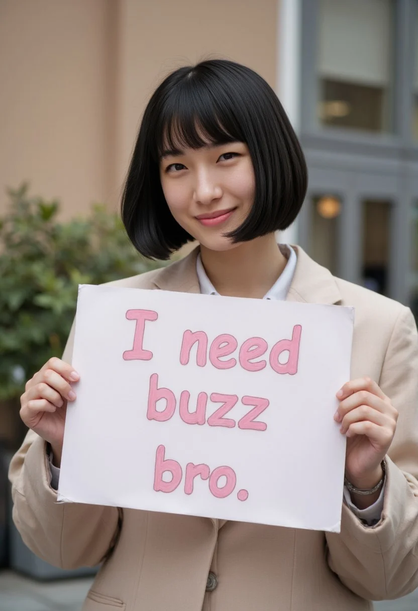 Asian girl. with a black bobcut. Holding a sign with cute pink floral font "I need buzz bro", FictionalAyumi