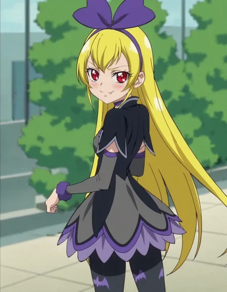 score_9, score_8_up, score_7_up,anime screencap,1girl,solo,regina, 1girl, bat print, pantyhose,red eyes, choker,evil smile, bow, cropped jacket, hair bow, print legwear, purple ribbon, dress, looking at viewer, purple bow, hairband
small breasts,cowboy shot ,blush,smug,from behind,ass<lora:regina:0.8>