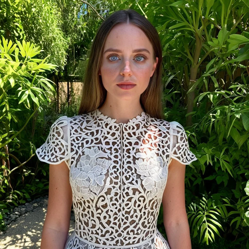 8k, RAW photo, highest quality), beautiful (white skin woman), , dress, (detailed eyes:0., (looking at the camera:1.4), (high-resolution image), (best shadow) , skin textures, intricate details, exteriour garden