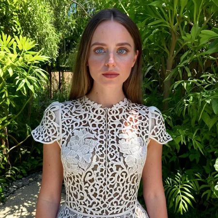 8k, RAW photo, highest quality), beautiful (white skin woman), , dress, (detailed eyes:0., (looking at the camera:1.4), (high-resolution image), (best shadow) , skin textures, intricate details, exteriour garden