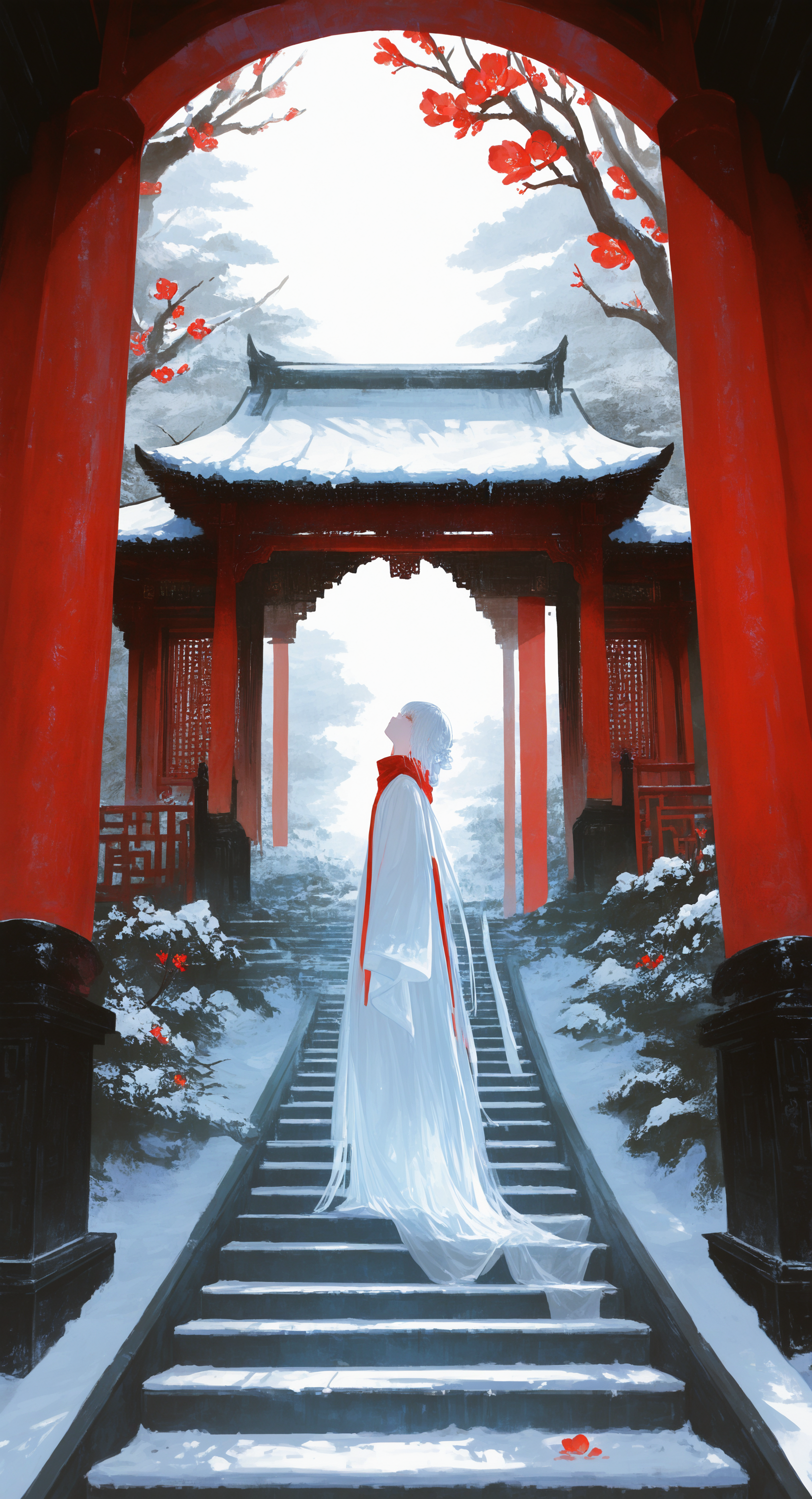masterpiece, best quality, good quality, very aesthetic, absurdres, newest,1girl, delicate hanfu,Red winter scarf,Winter Hanfu,
Standing on the (steps:1.1),Look up,
Girls Focus,
Blooming plum blossoms, Looking at the plum blossoms, Snow on the roof, Ingenious geometric composition,Rime in the distance, The Chinese temple gate in the distance, Outside,low view,From Side, Vanishing Point,Close-Up,Full body, <lora:spo_sdxl_10ep_4k-data_lora_webui:0.6> <lora:ponyv5_noobV065S_1_adamW-000013:0.7> <lora:USNR_STYLE_XL_lokr:0.45> <lora:745cmSDXLvpred75S:0.8>