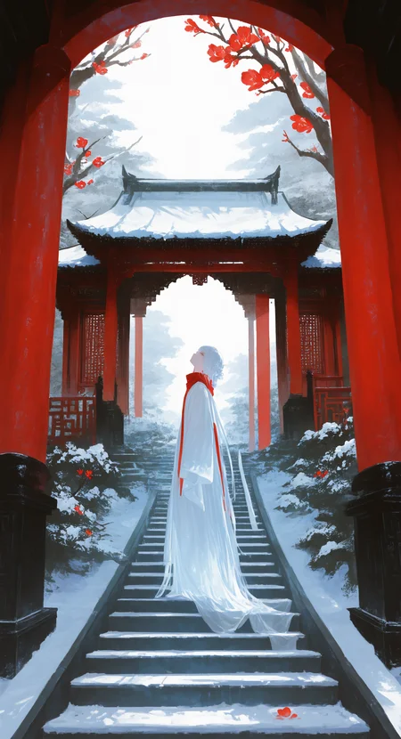 masterpiece, best quality, good quality, very aesthetic, absurdres, newest,1girl, delicate hanfu,Red winter scarf,Winter Hanfu,
Standing on the (steps:1.1),Look up,
Girls Focus,
Blooming plum blossoms, Looking at the plum blossoms, Snow on the roof, Ingenious geometric composition,Rime in the distance, The Chinese temple gate in the distance, Outside,low view,From Side, Vanishing Point,Close-Up,Full body, <lora:spo_sdxl_10ep_4k-data_lora_webui:0.6> <lora:ponyv5_noobV065S_1_adamW-000013:0.7> <lora:USNR_STYLE_XL_lokr:0.45> <lora:745cmSDXLvpred75S:0.8>