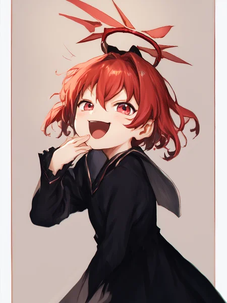 score_9, score_8_up, score_7_up, uncensored, BREAK, 1girl, <lora:yoshitoshi_ABe_Style_PDXLv0:0.8> abe yoshitoshi style, red halo, black dress <lora:ojou-sama-pose-ponyxl-lora-nochekaiser:1> ojou-sama pose, laughing, smug, hand to own mouth, open mouth,