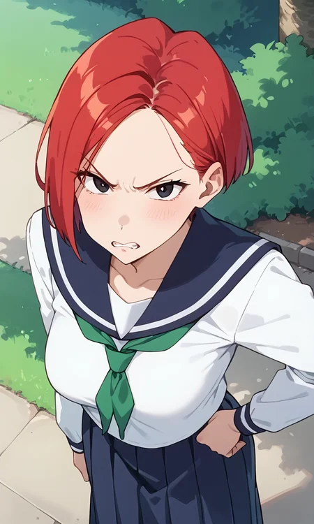 (1girl:1.5), (solo:1.3), (score_9, score_8_up, score_7_up, score_6_up, score_5_up, score_4_up), (source_anime), rating_questionable, (cowboy shot:1.3), outdoors, park, tree, bush, blue sky, 
 <lora:black-lizard_v1:0.8> (black-lizard), (angry, furrowed brow, black eyes, red hair, short hair, parted bangs), (school uniform, serafuku, white shirt, long sleeves, blue sailor collar, blue long skirt, green neckerchief), (large breasts),
looking at viewer, standing,  (from above:1.3), clenched teeth,  hand on own hip, hand in own hair,