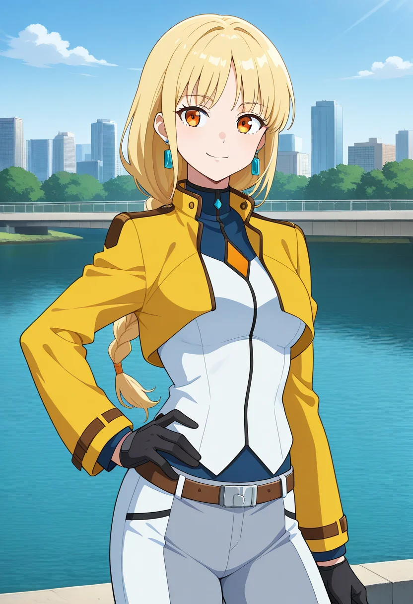 cbuniform, uniform, yellow cropped jacket, long sleeves, two-tone shirt, belt, white pants, grey pants, two-tone pants, black gloves, 1girl, solo, saruvatorenoren, blonde hair, low-tied long hair, single braid, orange eyes, earrings, outdoors, city, standing, cowboy shot, river, smile, hand on hip, cowboy shot,