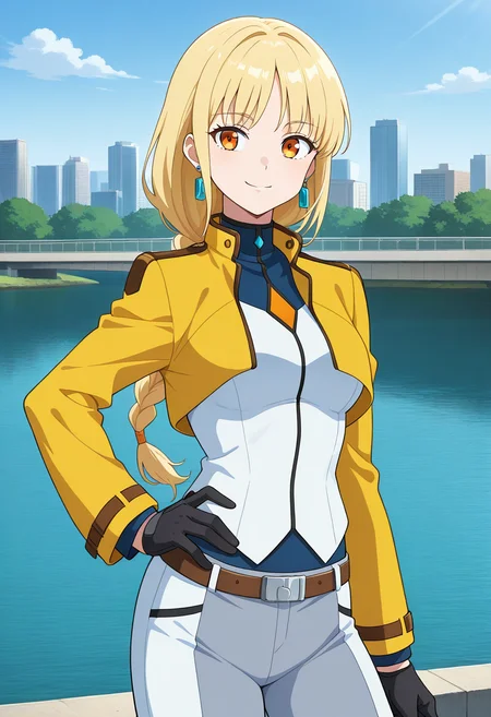 cbuniform, uniform, yellow cropped jacket, long sleeves, two-tone shirt, belt, white pants, grey pants, two-tone pants, black gloves, 1girl, solo, saruvatorenoren, blonde hair, low-tied long hair, single braid, orange eyes, earrings, outdoors, city, standing, cowboy shot, river, smile, hand on hip, cowboy shot,