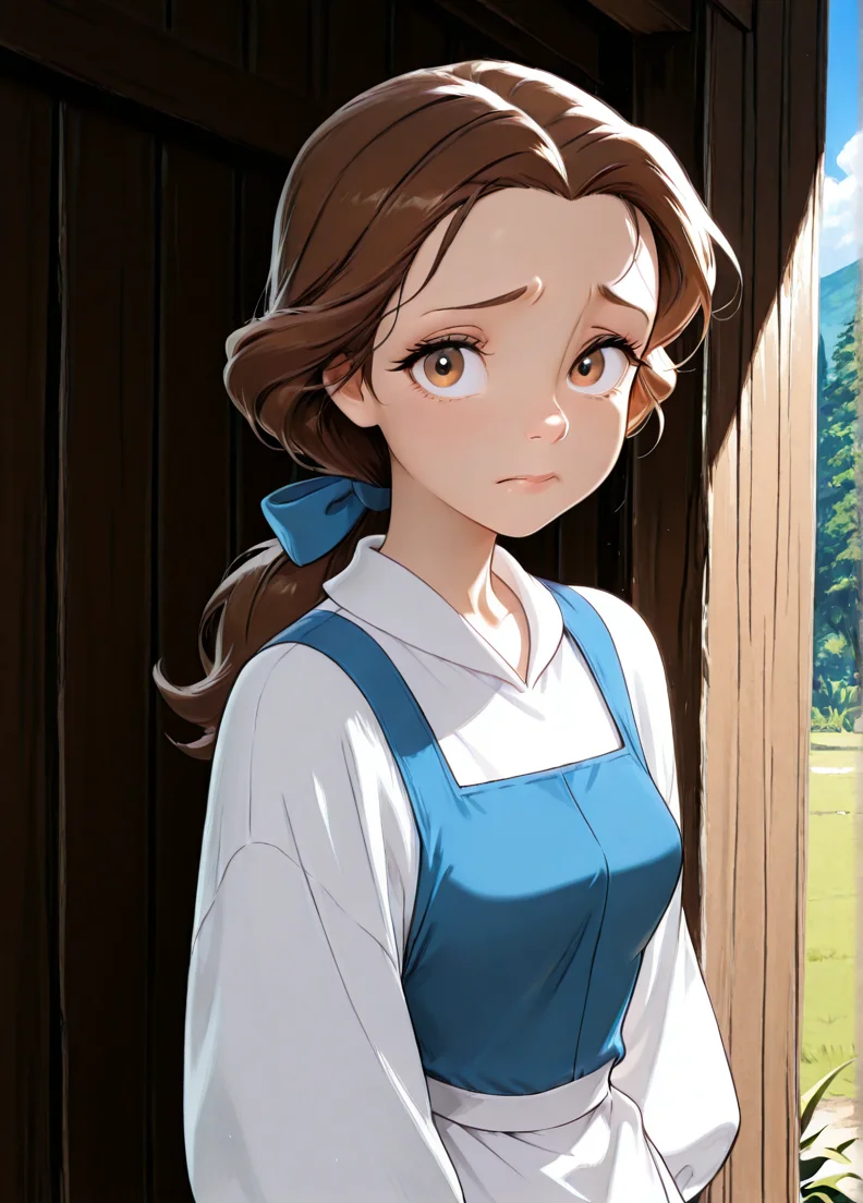 masterpiece, best quality, amazing quality, very aesthetic, absurdres, newest, 4k, 8k, dynamic angle, official style, sugimorixd, outdoors,
1girl, solo, blue dress, looking at viewer, long hair, brown hair, brown eyes, bellexd, low ponytail, white apron, long sleeves, blue hairbow,
furrowed brow,
<lora:Expression_Detailer_Illustrious_Lora:1>, ,<lora:sugimoi:1> <lora:Bella:1>