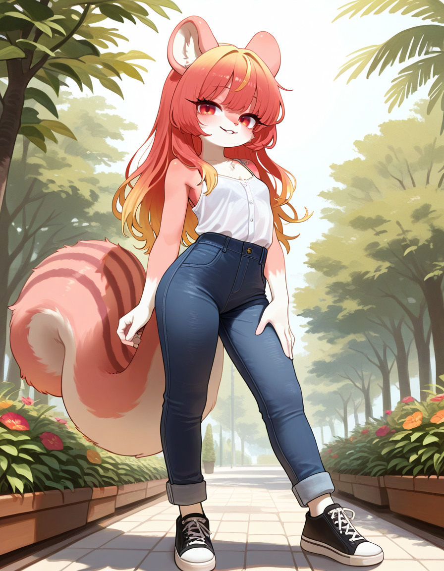 masterpiece, best quality, very aesthetic, absurdres,
outdoors,
standing, posing, 
casual, 
full body, seductive smile, parted lips, long eyelashes,
<lora:Namuta_v01_NAIXL:1>
Namuta,1girl,solo,furry,furry female,squirrel girl,squirrel ears,long hair,multicolored hair,red eyes,animal nose,body fur,squirrel tail,