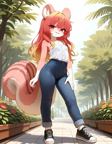 masterpiece, best quality, very aesthetic, absurdres,
outdoors,
standing, posing,
casual,
full body, seductive smile, parted lips, long eyelashes,
<lora:Namuta_v01_NAIXL:1>
Namuta,1girl,solo,furry,furry female,squirrel girl,squirrel ears,long hair,multicolored hair,red eyes,animal nose,body fur,squirrel tail,