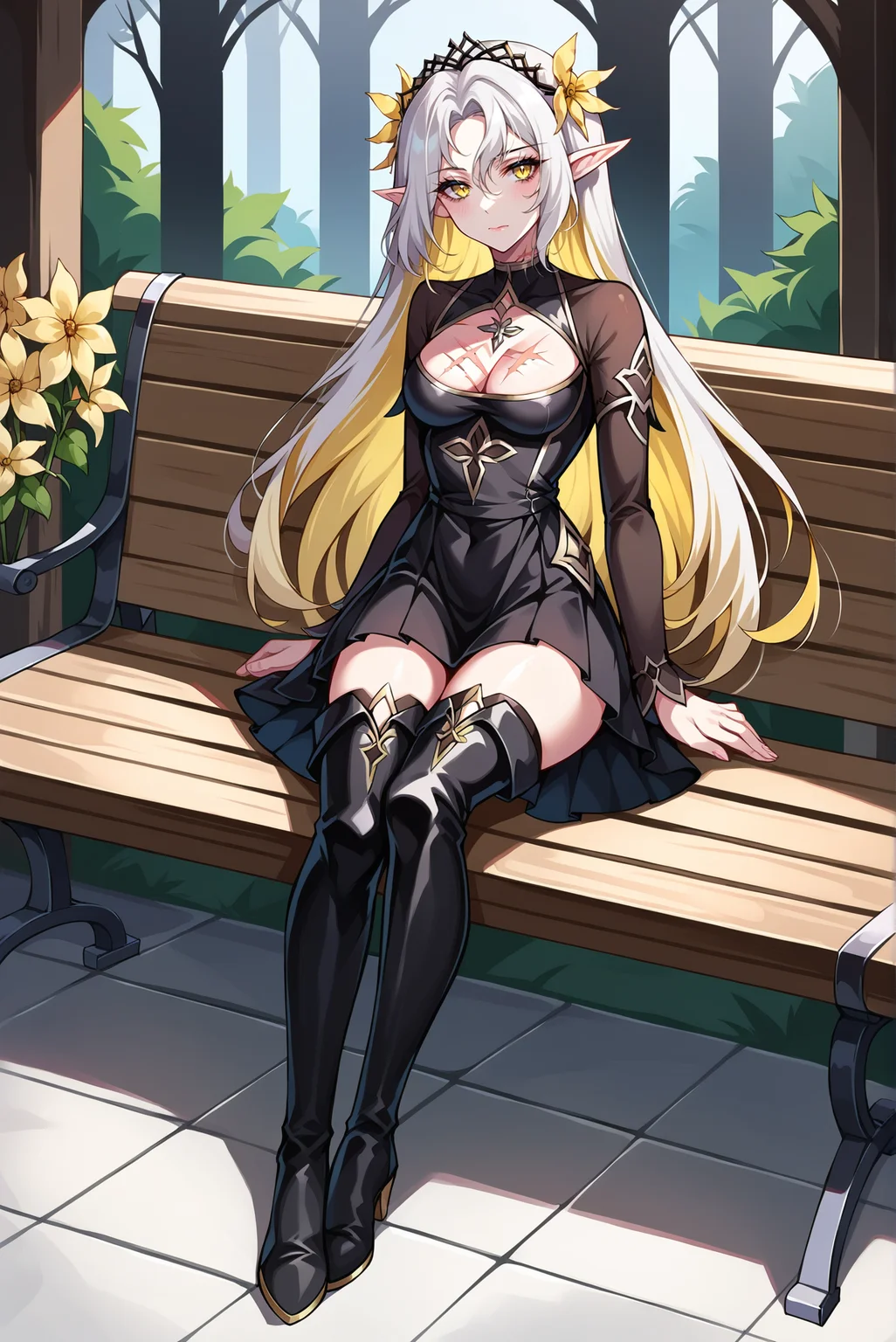 score_9, score_8_up, score_7_up, score_6_up, source_anime, 1girl, (slender, medium breasts), solo, iseriaepic7, <lora:BriarWitchIseriaE7-PDXL-V1:0.8>
BREAK (multicolored hair, white hair, yellow hair, elf, white long hair),
BREAK (black dress, black thigh boots, cleavage cutout, scar on chest, scar, two tone dress, skirt, yellow flower, tiara:1.4),
BREAK (looking at viewer, full body, closed mouth, yellow eyes, sitting on bench:1.2), outdoors, garden