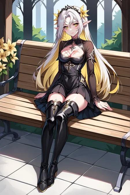 score_9, score_8_up, score_7_up, score_6_up, source_anime, 1girl, (slender, medium breasts), solo, iseriaepic7, <lora:BriarWitchIseriaE7-PDXL-V1:0.8>
BREAK (multicolored hair, white hair, yellow hair, elf, white long hair),
BREAK (black dress, black thigh boots, cleavage cutout, scar on chest, scar, two tone dress, skirt, yellow flower, tiara:1.4),
BREAK (looking at viewer, full body, closed mouth, yellow eyes, sitting on bench:1.2), outdoors, garden