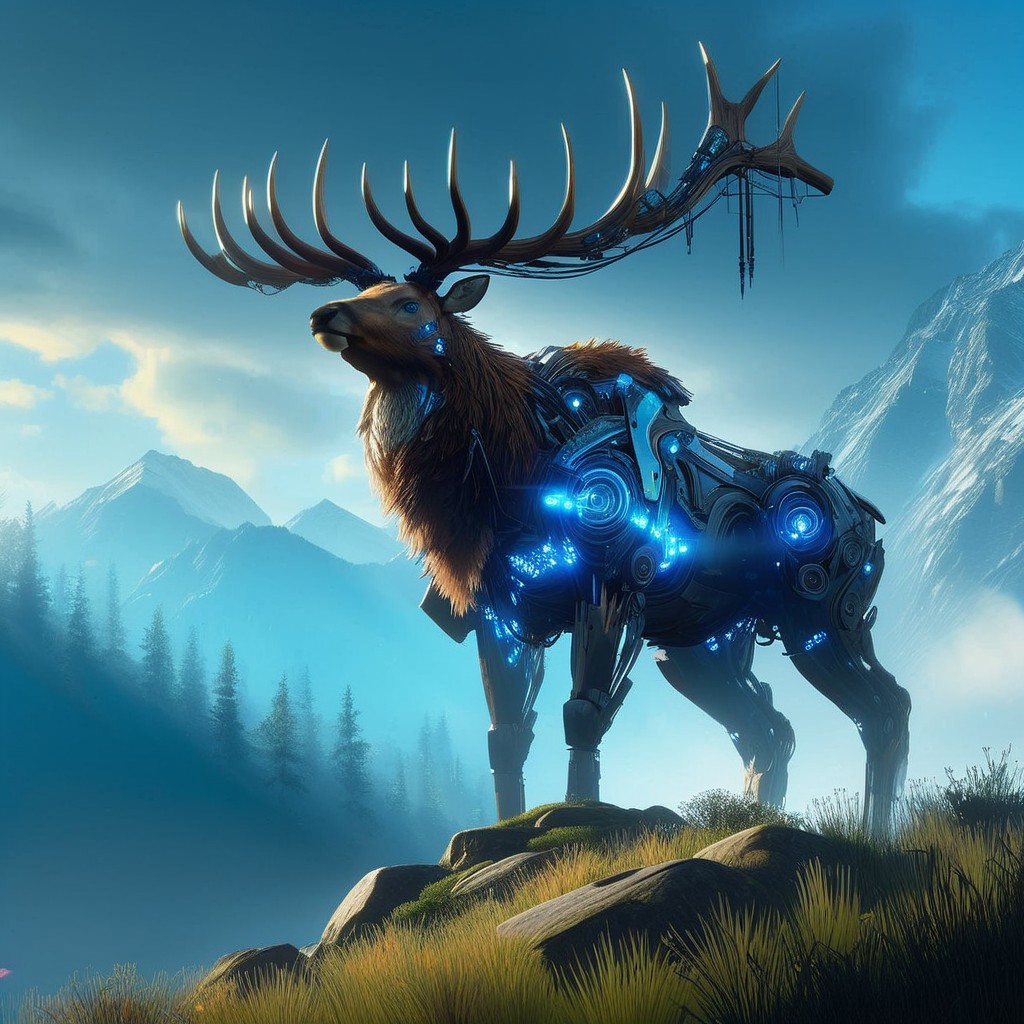 (Ultra Realistic:1.0),32k,(Masterpiece:1.0),(High Detailed Skin:1.0),( High Quality:1.0), (Detailed Realistic Background:1.3), (Official Art, Beautiful and Aesthetic:1.2), (Realistic Lighting:1.0), glowing, day, science fiction, nature, grass, deer, scenery, mountain, non-humanoid robot, forest, "An imposing, machine-like elk standing majestically on mountain edge looking at sky, its intricate mechanical parts inspired by the Horizon Zero Dawn style. The elk’s body is a blend of organic and metallic elements, with glowing blue lights coursing through its frame, reflecting the technological sophistication of a bygone era. Its angle are vast and sharp, made of gleaming steel, resembling a regal crown.
The scene is set in a deep of field, epic cinematic lighting, view from below dramatic sky with beams of cinematic light piercing through the canopy, casting dramatic shadows across the elk’s form. The atmosphere is epic and tense, as the elk stands still, as if inspecting its surroundings with quiet intelligence. The mood is both mysterious and foreboding, emphasizing the contrast between nature and technology, framed in high resolution and intense detail, evoking the visual grandeur and storytelling depth of Horizon Zero Dawn."