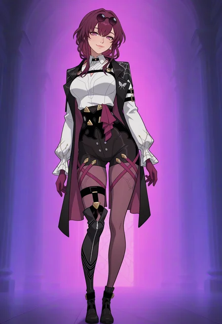 Disney_Il5.0, kafka \(honkai: star rail\), 1girl, solo, long hair, looking at viewer, smile, shirt, long sleeves, gloves, hair between eyes, closed mouth, jewelry, medium breasts, standing, jacket, purple eyes, white shirt, full body, purple hair, sidelocks, pantyhose, boots, open clothes, shorts, collared shirt, black footwear, black jacket, black shorts, thigh boots, sunglasses, eyewear on head, round eyewear, purple gloves, pantyhose under shorts, harness, chest harness, purple pantyhose, pince-nez, high-waist shorts, single thigh boot, masterpiece, best quality, ultra-detailed, highest quality, official art, latest, very awa, very aesthetic, detailed shading, (detailed background, complex background), amazing quality, intricate, hyper-detailed, excellent, absurdres, latest,