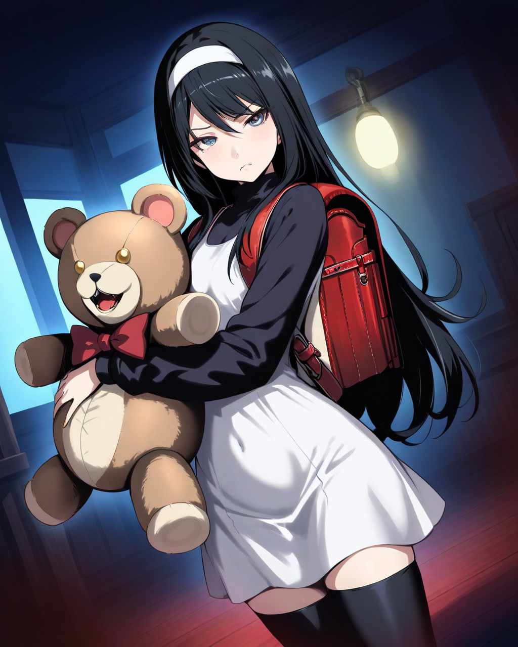 1girl,
SakoErikaDevilSummoner,
safe, solo, perspective, dutch angle,
long hair, black hair, hairband,
beautiful eyes, looking at viewer, frown,
white dress, turtleneck, long sleeves,
black thighhighs, zettai ryouiki, randoseru,
holding stuffed toy, teddy bear,
room,
blood, ethereal mist, dim lighting, sinister shadows,
low key lighting, deep shadows, flickering light,
<lora:kp_SakoErikaDevilSummonerAnimagineXL_v1_0:1.0>
masterpiece, high score, great score, absurdres