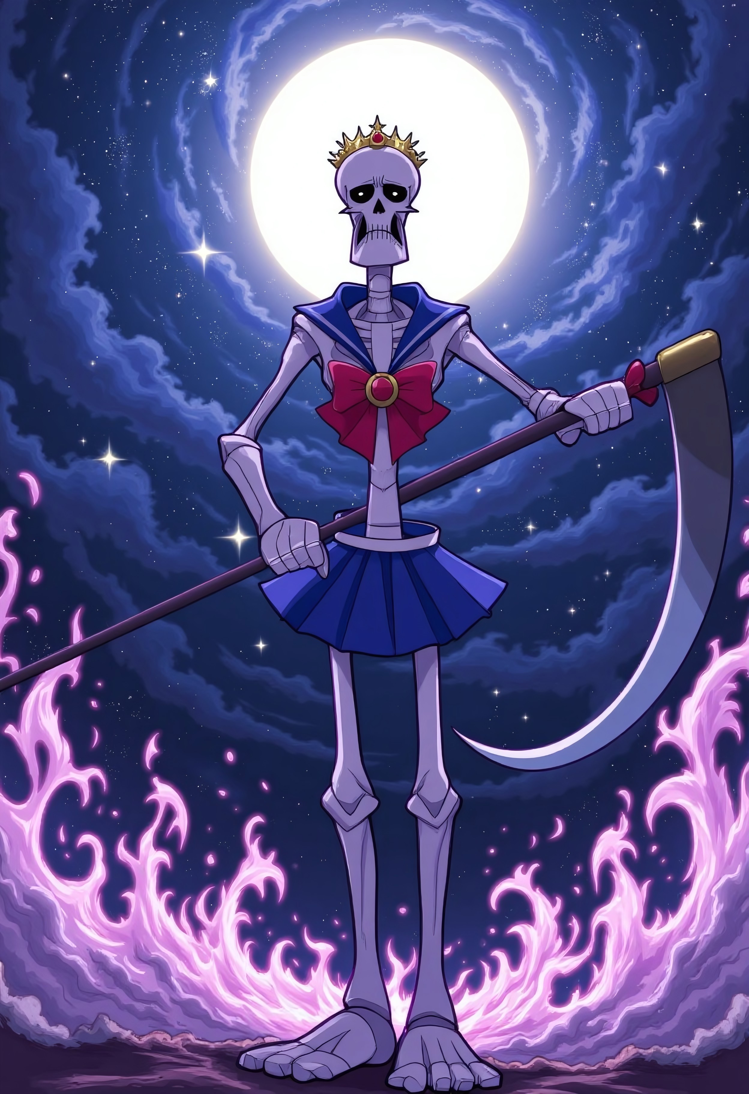 An anime-stylized Grim Reaper stands alone under a glowing full moon, awkwardly dressed in a full Sailor Moon outfit—complete with a short blue skirt, white gloves, a red bow, and a golden tiara perched slightly askew on his exposed skull. Despite having no facial muscles, his skeletal expression somehow radiates pure embarrassment—tiny anime-style sweat drops hovering near his skull as he stiffly attempts a reluctant magical girl pose. Soft pastel sparkles and swirling transformation energy surround him, dramatically contrasting with his dark, bony frame. The night sky behind him is an explosion of twinkling stars and glowing magical effects, as if the anime universe itself refuses to acknowledge how utterly out of place he looks