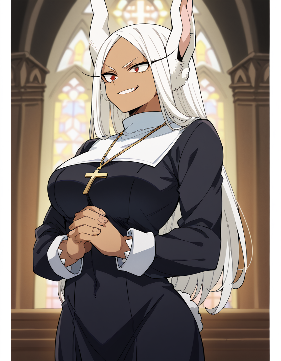 score_9, score_8_up, score_7_up, source_anime, <lora:rumi-usagiyama-ponyxl-lora-nochekaiser:1>, rumi usagiyama, long hair, animal ears, white hair, dark skin, rabbit ears, dark-skinned female, rabbit girl, red eyes, parted bangs, large breasts, <lora:traditional-nun-ponyxl-lora-nochekaiser:1>, traditional nun, nun, habit, long sleeves, dress, black dress, jewelry, black veil, cross, cross necklace,, church, smug, praying,, cowboy shot