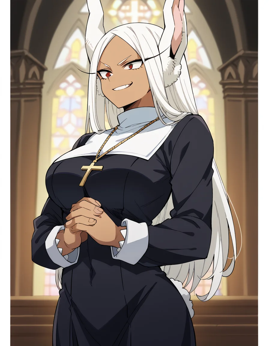 score_9, score_8_up, score_7_up, source_anime, <lora:rumi-usagiyama-ponyxl-lora-nochekaiser:1>, rumi usagiyama, long hair, animal ears, white hair, dark skin, rabbit ears, dark-skinned female, rabbit girl, red eyes, parted bangs, large breasts, <lora:traditional-nun-ponyxl-lora-nochekaiser:1>, traditional nun, nun, habit, long sleeves, dress, black dress, jewelry, black veil, cross, cross necklace,, church, smug, praying,, cowboy shot