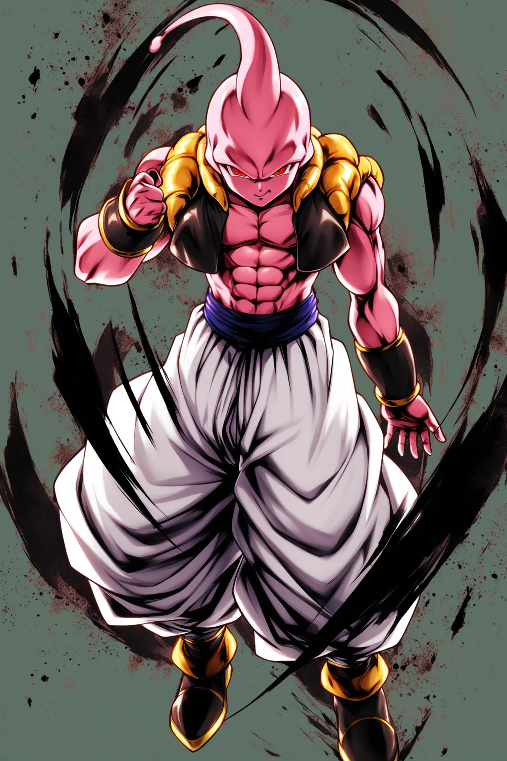 Majin Buu,1boy,male focus,solo,white pants,metamoran vest,full body,pink skin,colored skin,baggy pants,open vest,abs,vest,simple background,red eyes,white background,<lora:Dragon Ball_XL:0.8>,