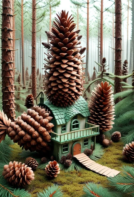 a miniature paper mill nestled deep in the forest, made completely of pinecones, pines and needles, made of trees, cinematic and surreal, storybook surrealism
