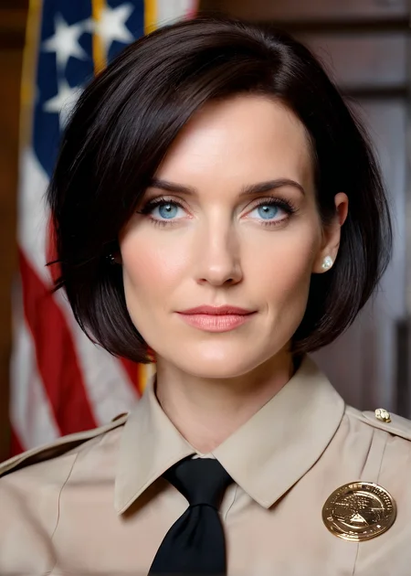 Photo of Edith Klangton wearing a bailiff uniform in court, Texas State Flag in background, <lora:PerfectEyesXL:0.5>, (detailed beautiful face, detailed, ultra-detailed body:1.1),best quality,photo-realistic,highly detailed,absurdres,cinematic lighting,hyper-realistic,sharp focus,32k resolution,detailxl,SimplePositiveXLv2,