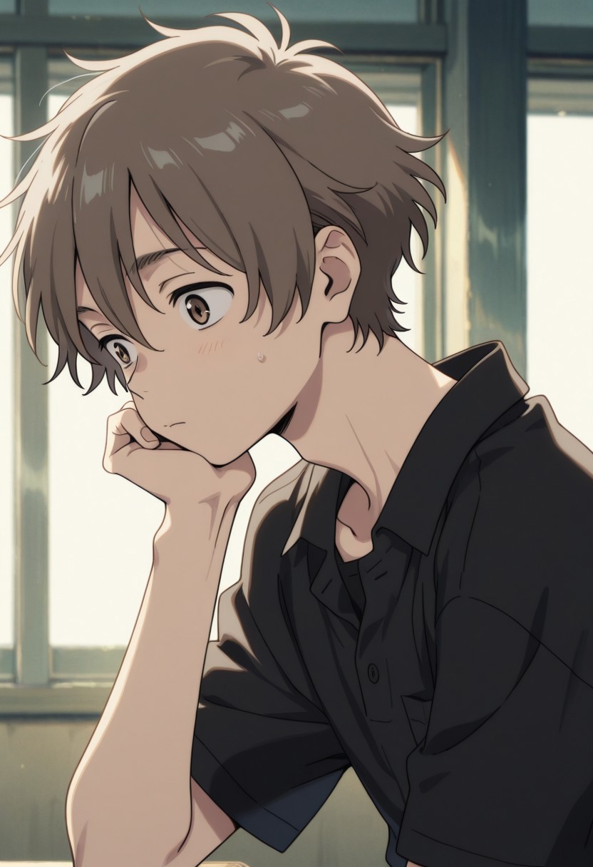 masterpiece,best quality,amazing quality, source_anime, 
shunhashimoto, 1boy, male focus, solo, brown eyes, brown hair, shirt, black shirt, collared shirt, short sleeves,