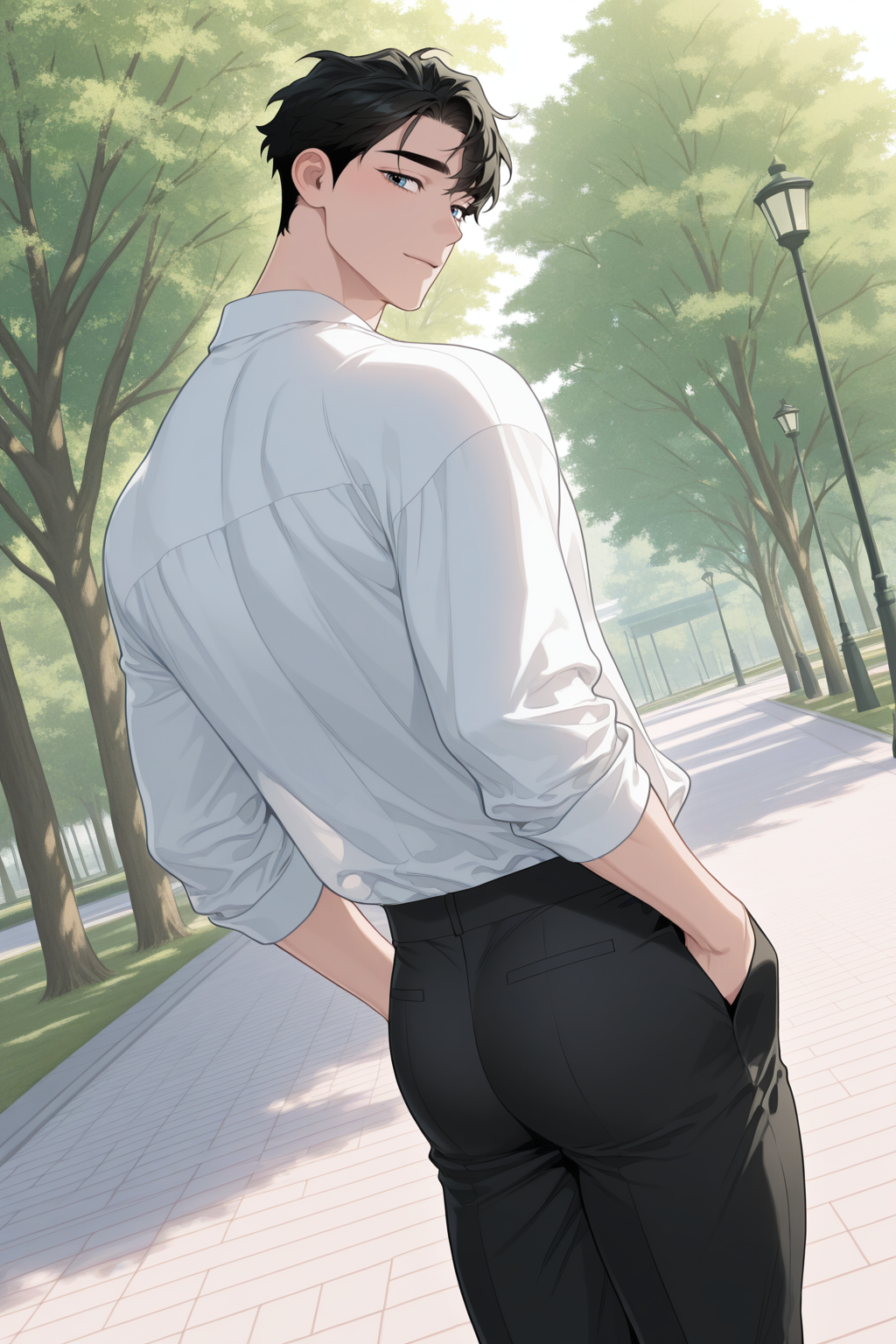 <lora:define relationship-IL-000008:0.8>,heterochromia,ash,black hair,hands in pockets,white shirt,black pants,looking back,dutch angle,wind,park,spring,1boy,solo,yaoi,bara,male focus,masterpiece,best quality,amazing quality,nsfw,uncersored,highres,best quality,amazing quality,best aesthetic,absurdres,