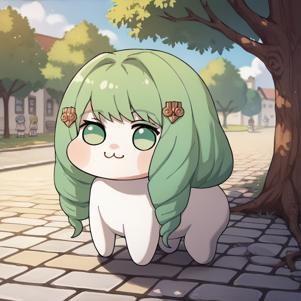 score_9, score_8_up, score_7_up, source_anime, <lora:Doro_X_PDXL_V1:1> doro, creature, chibi, :3, white skin, four legs, <lora:FlaynFE-pdxl:0.95> defFlayn, long hair, drill hair, hairclip, outdoors, cobblestone, tree, solo